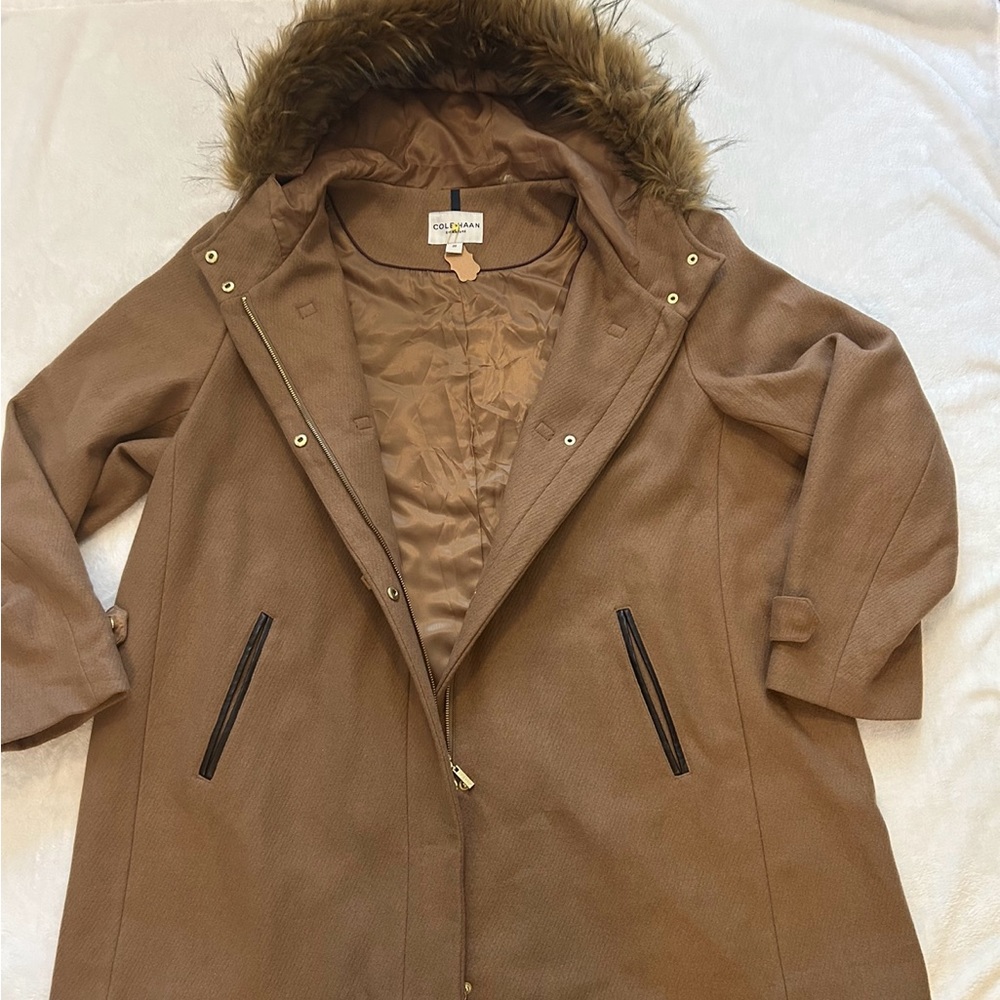Cole Haan hooded knee length winter coat. 52% wool blend. Pristine condition